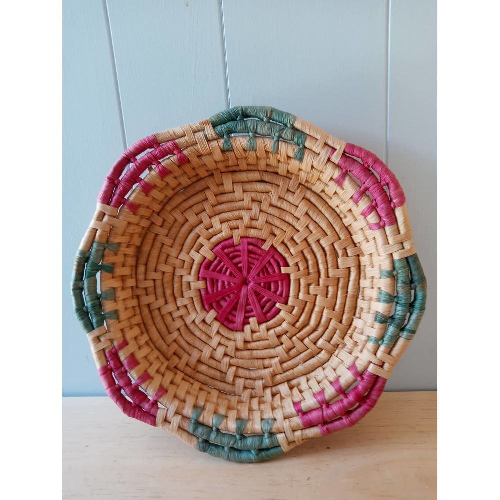 Vintage Colorful Shallow Woven Basket Boho Decor - Picture 2 of 10